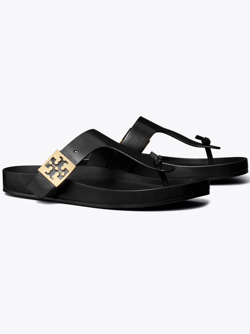 Tory Burch Black Flip Flop Sandals with Gold Logo Plaque